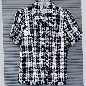 Sante Fe womans navy/white button down short sleeve fringed cardigan size 6